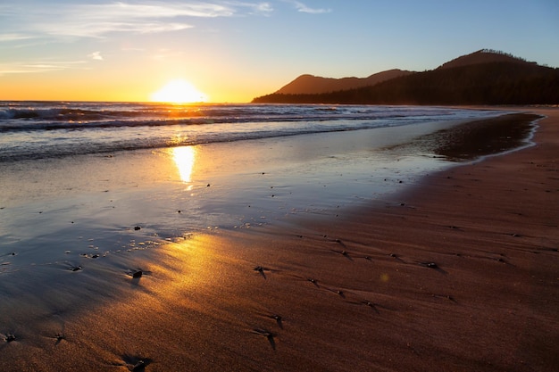 Sandy beach on the Pacific Ocean Coast during a vibrant summer sunset