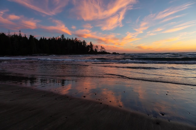 Sandy beach on the Pacific Ocean Coast during a vibrant summer sunset