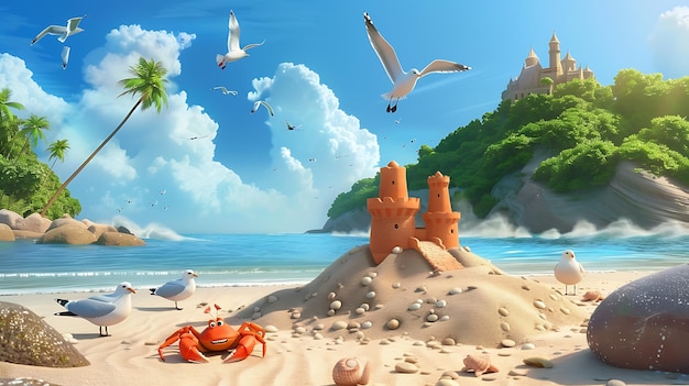 Sandy Beach Paradise with a Crab and Sandcastle