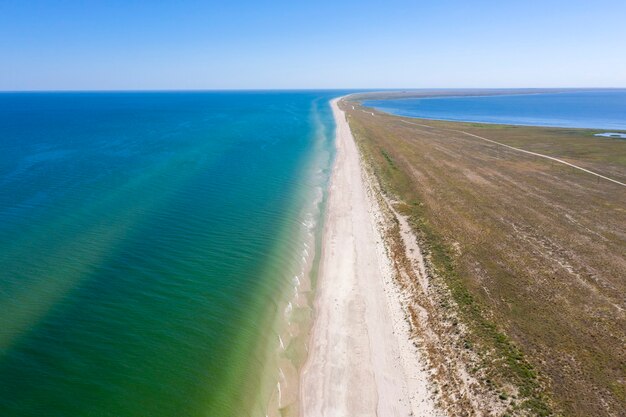 sandy beach on the seashore, view from above