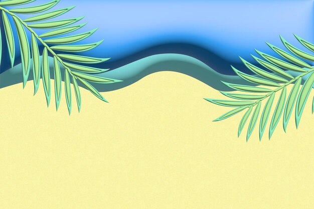 Sandy beach with blue sea and palm leaves top view Volumetric template with a copy of the space