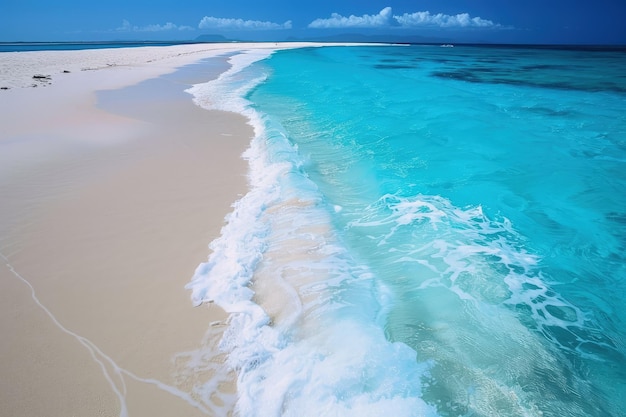 A sandy beach with blue water and white sand