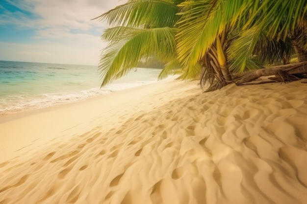 A sandy beach with a palm tree and ocean in the background generative AI