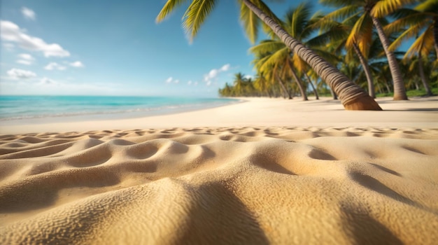 A sandy beach with palm trees against a backdrop of a blue sky Generative AI