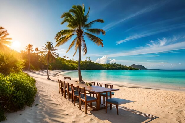 a sandy beach with palm trees swaying in the breeze and a group of locals offering grilled seafood