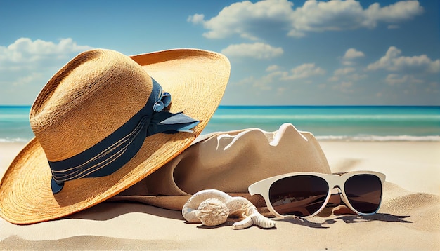 Sandy beach with summer accessories and sunglasses