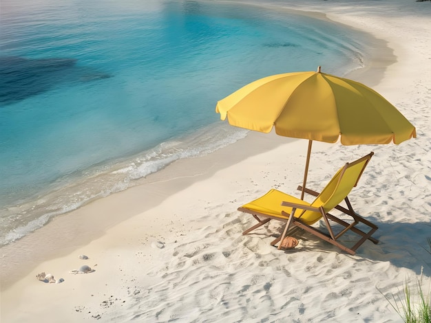 A sandy beach with turquoiseblue water gently laps at the shore a bright yellow beach umbrella