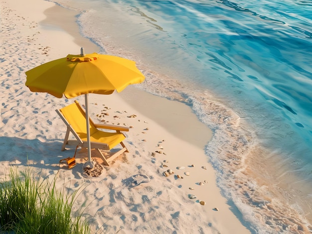 A sandy beach with turquoiseblue water gently laps at the shore a bright yellow beach umbrella