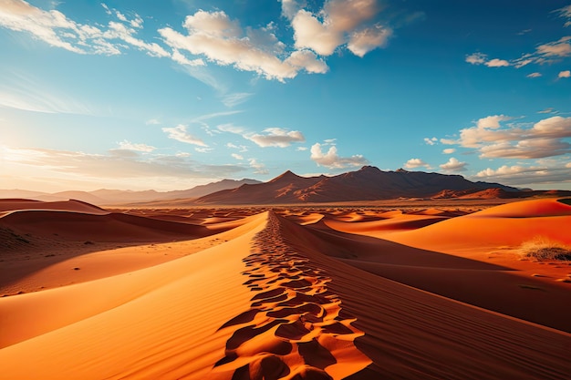 sandy desert landscape Picture undulating dunes stretching endlessly beneath the boundless sky illuminated by the warm hues of the setting sun