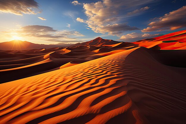 sandy desert landscape Picture undulating dunes stretching endlessly beneath the boundless sky illuminated by the warm hues of the setting sun