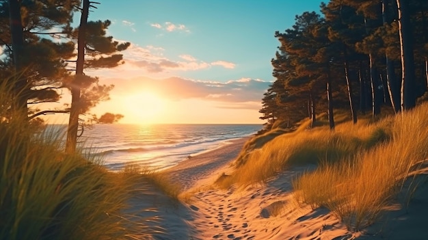 sandy dunes on Baltic beachsunset on beach pine treessun reflection on se water