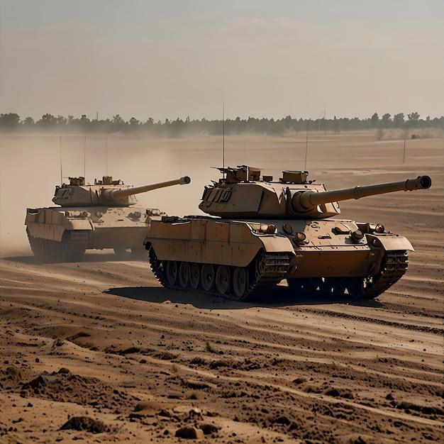 On a sandy field tanks