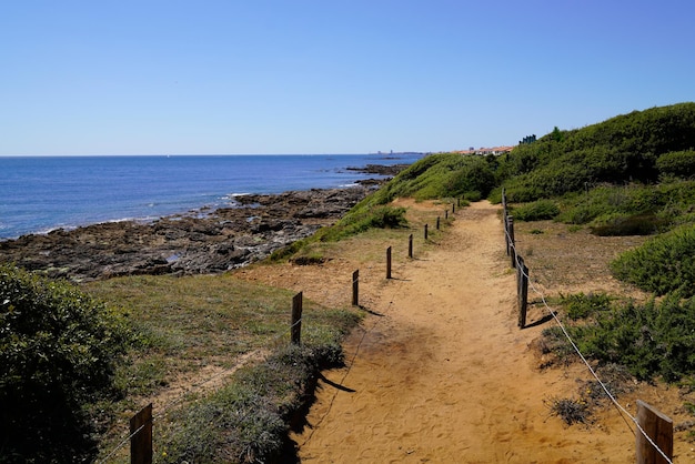 Sandy path coast access with sand beach entrance to ocean atlantic sea in TalmontSaintHilaire vendee france