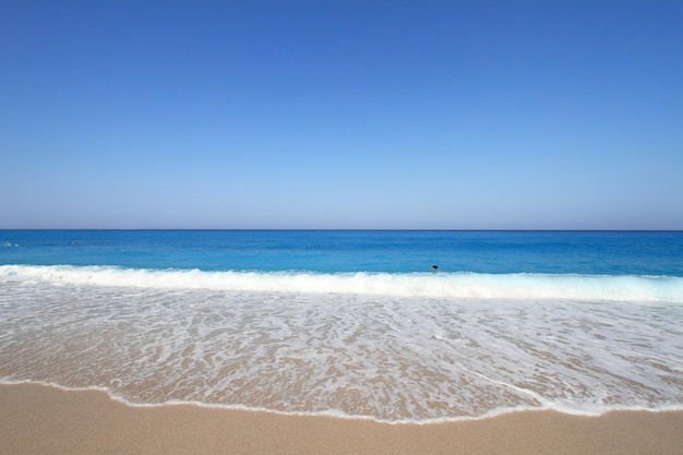 Sandy seashore with blue sky and water