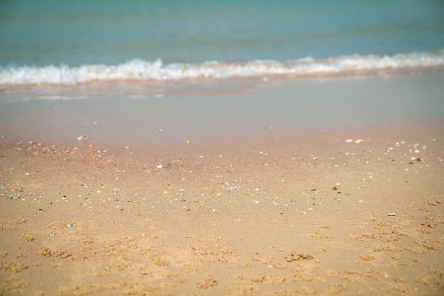 Sandy tropical beach with blur waves at the background