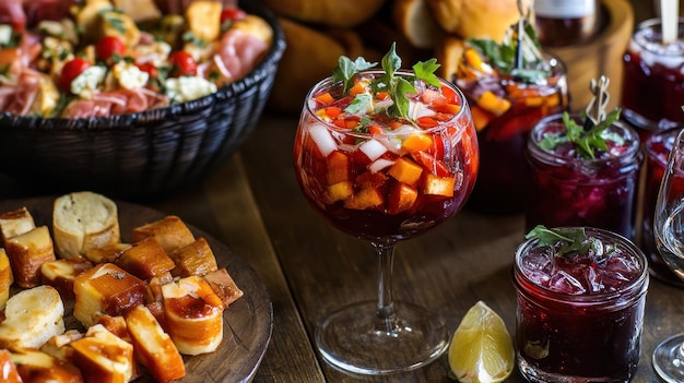 Photo sangria and appetizers on a rustic table