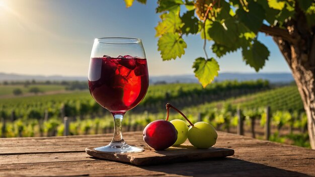 Sangria in glass with vineyard in the sunny background