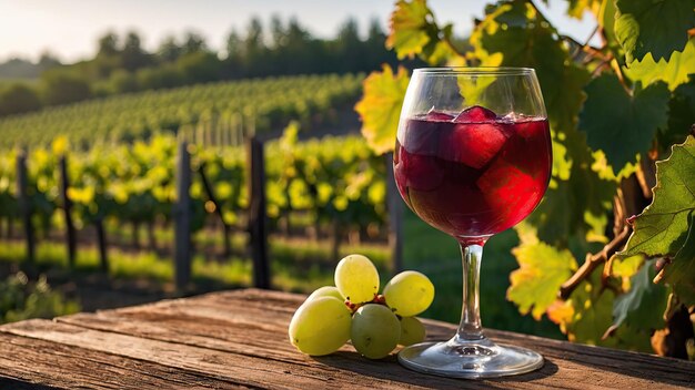 Sangria in glass with vineyard in the sunny background