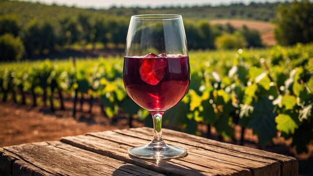 Sangria in glass with vineyard in the sunny background