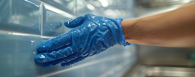 A Sanitary BlueGloved Hand Ensuring Spotless Sanitation Concept Sanitary Guidelines Cleanliness Standards Glove Safety Hygiene Protocols Health Precautions