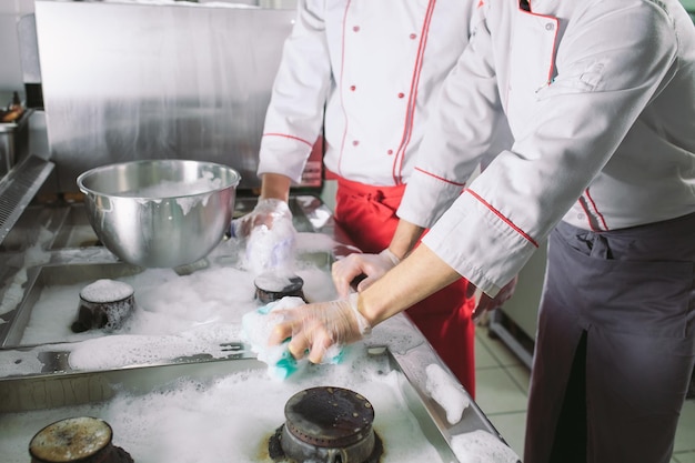 Sanitary day in the restaurant. Repeats wash your workplace. Cooks wash oven, stove and extractor in the Restaurant.