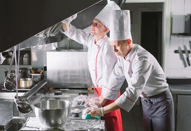 Sanitary day in the restaurant. Repeats wash your workplace. Cooks wash oven, stove and extractor in the Restaurant.