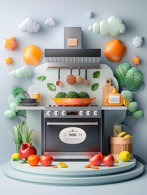 Photo sanitized cooking area with certificate and iso badge concept 3d flat icon against whimsical backg