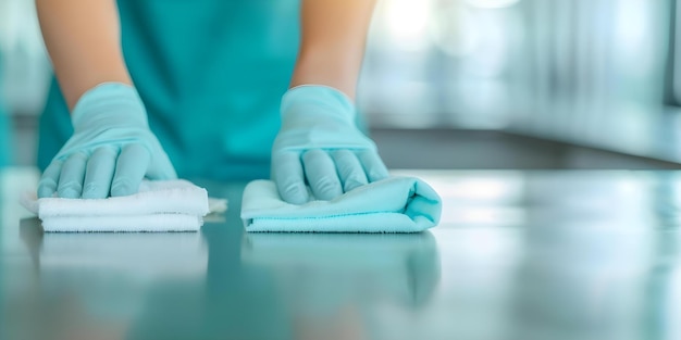 Photo sanitizing tables in corporate office cleaning staff using cloths and spray concept office cleaning sanitization corporate environment table cleaning staff hygiene