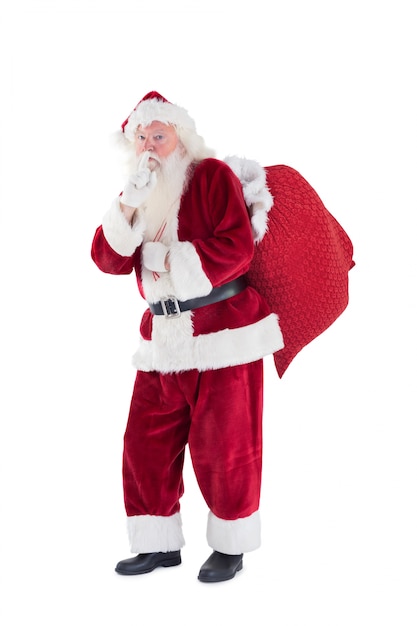 Santa asking for quiet with bag