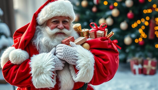 Santa carrying a big sack with Christmas gifts under the snow and wintry landscape in the background