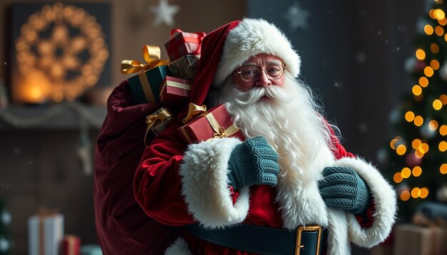 Santa carrying a big sack with Christmas gifts under the snow and wintry landscape in the background