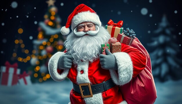 Santa carrying a big sack with Christmas gifts under the snow and wintry landscape in the background