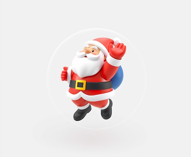 Santa Claus in 3D cartoon style with a bag of gifts waving