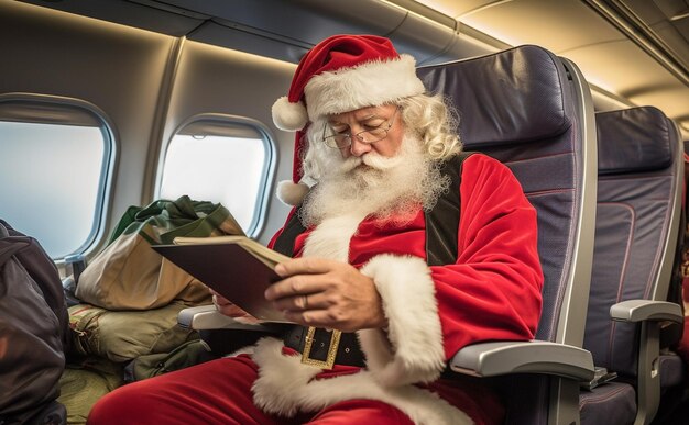 Santa claus in airplane with citizens using smartphone or tablet travelingholidaymerry christmastech