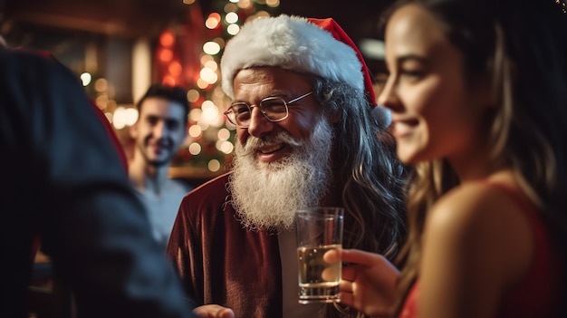 Photo santa claus at bar drinking a glass of champagne to celebrate generative ai