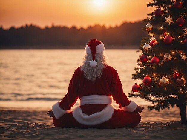 Photo santa claus on the beach sitting in lotus yoga pose at sunset over sea next to christmas tree