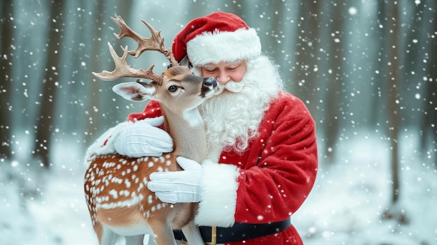 Photo santa claus a beloved symbol of christmas embraces a spotted deer in a snowy winter forest c