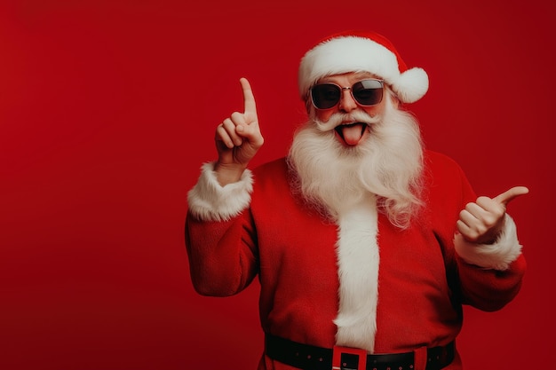 Photo santa claus brings joy in sunglasses with a fun pose against a lively red backdrop