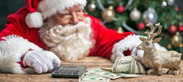 Santa Claus Calculating Finances for Christmas with Calculator and Dollar Bills Festive Background