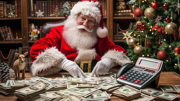 Santa Claus Calculating Finances Desk Covered by Cash Christmas Budget Holiday Spending Concept