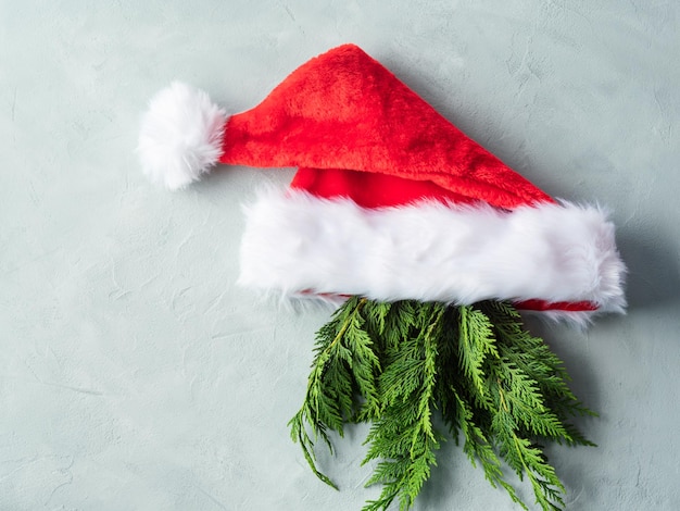 Santa Claus cap with fir tree branches as beard on gray background minimal christmas concept