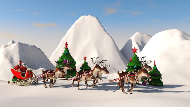 Santa Claus carries gifts on a sleigh pulled by deer 3D rendering