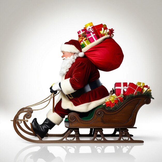 Photo santa claus carrying a bag of presents on a sleigh