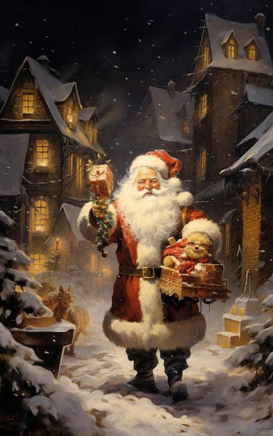 Santa Claus carrying presents in Christmas night postcard