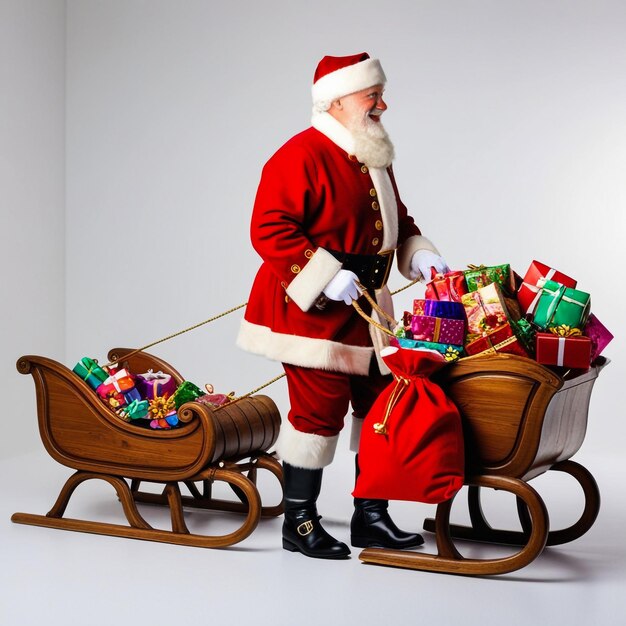 Photo santa claus carrying a sleigh full of presents