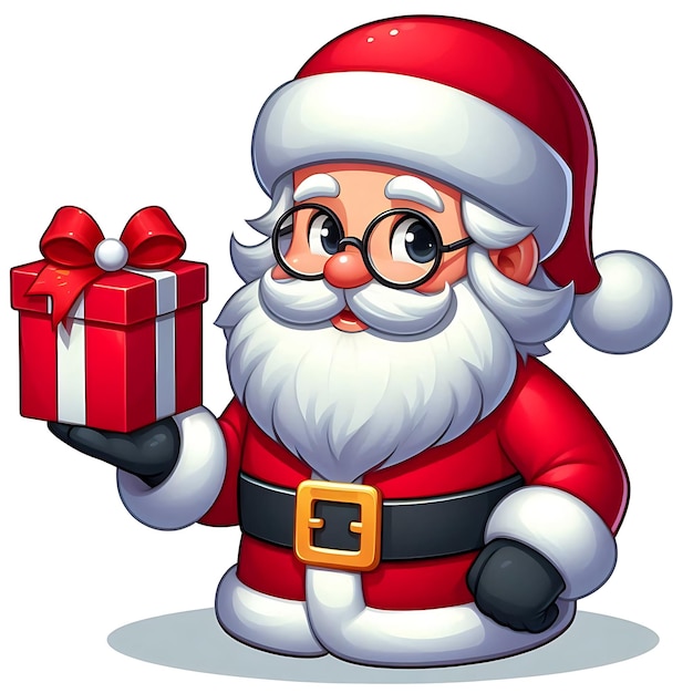 Photo santa claus cartoon character is holding a gift on a white background