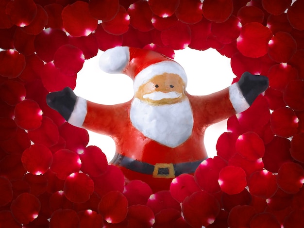 Santa Claus ceramic figurine emerges from red rose petals background