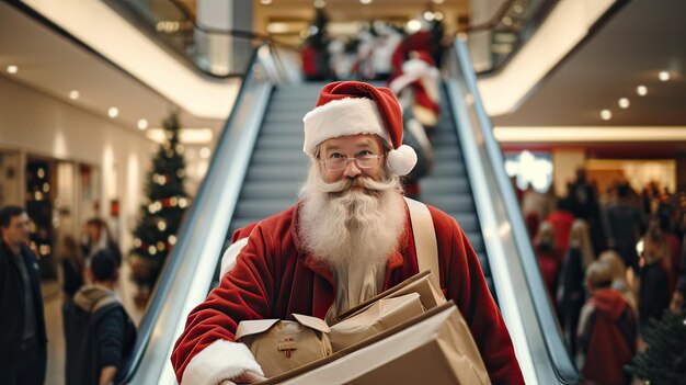 Santa Claus coming down the stairs of a shopping center with Christmas gifts Christmas shopping concept