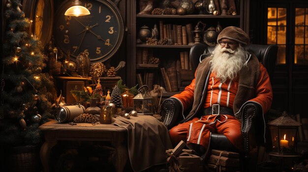 Santa Claus costume and hat hanging on chair