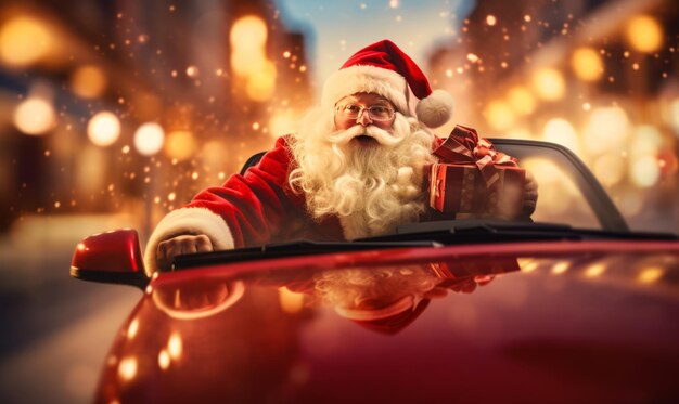 Santa Claus delivering christmas present gift in rush